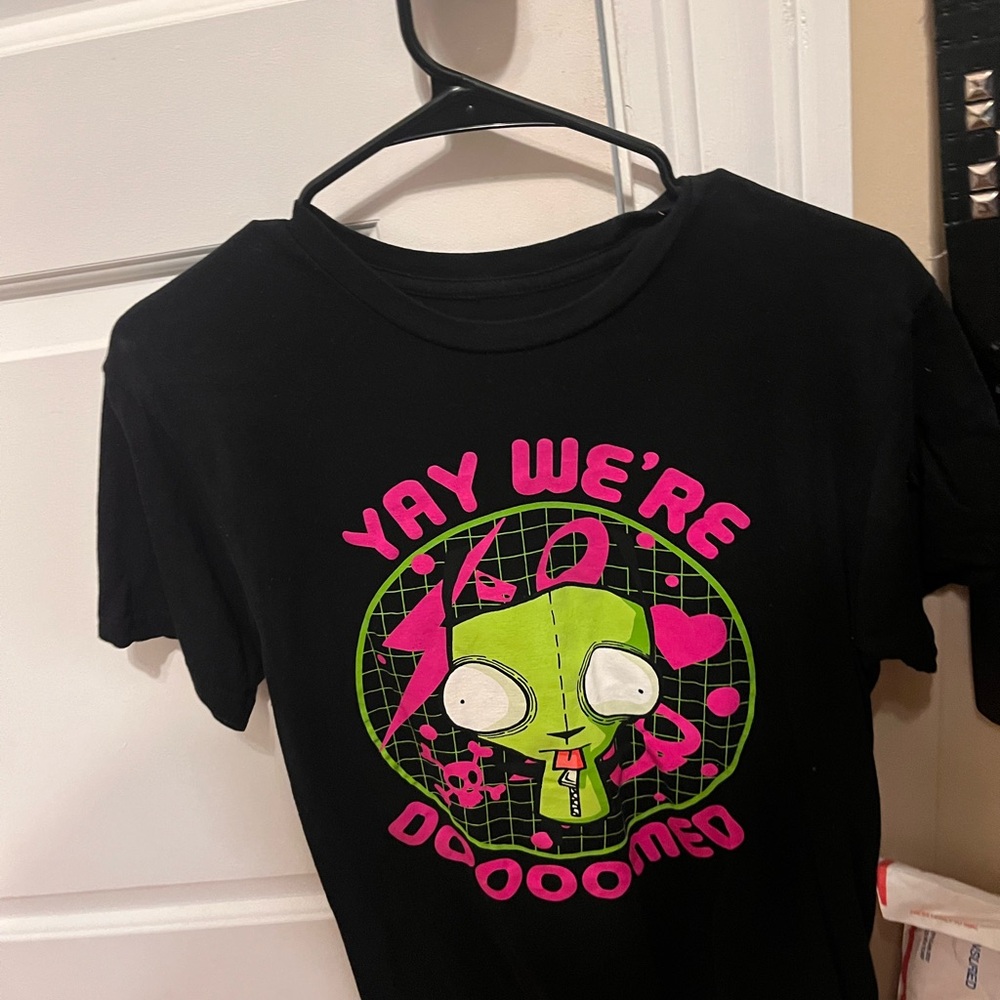 Hot Topic Black Tee with Green and Pink Graphic